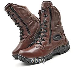 Men's Tactical Boots Side Zipper Combat Boots Brown Leather Outdoor Military