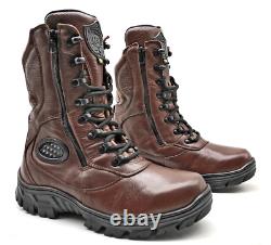 Men's Tactical Boots Side Zipper Combat Boots Brown Leather Outdoor Military