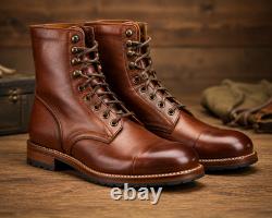 Mens Brown Military Boots Handmade Leather Combat Tactical Lace Up Boots
