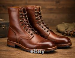 Mens Brown Military Boots Handmade Leather Combat Tactical Lace Up Boots New